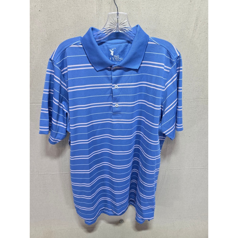 F&G Tech Mens Blue Striped Golf Polo Shirt Short Sleeve Size Large
